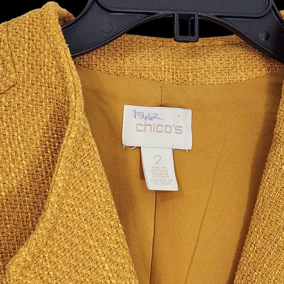 CHICO'S WOMEN DRESS JACKET LONG LINE TWEED TEXTURED MUSTARD CAREER WORKWEAR 2 LG - Picture 8 of 8